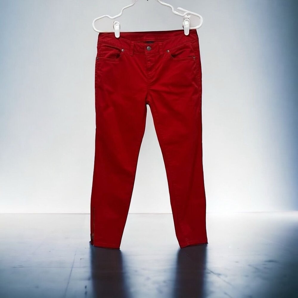 London Jean Women's Red Skinny Stretch Mid-Rise 5-Pocket SZ 4 Zippered Hem